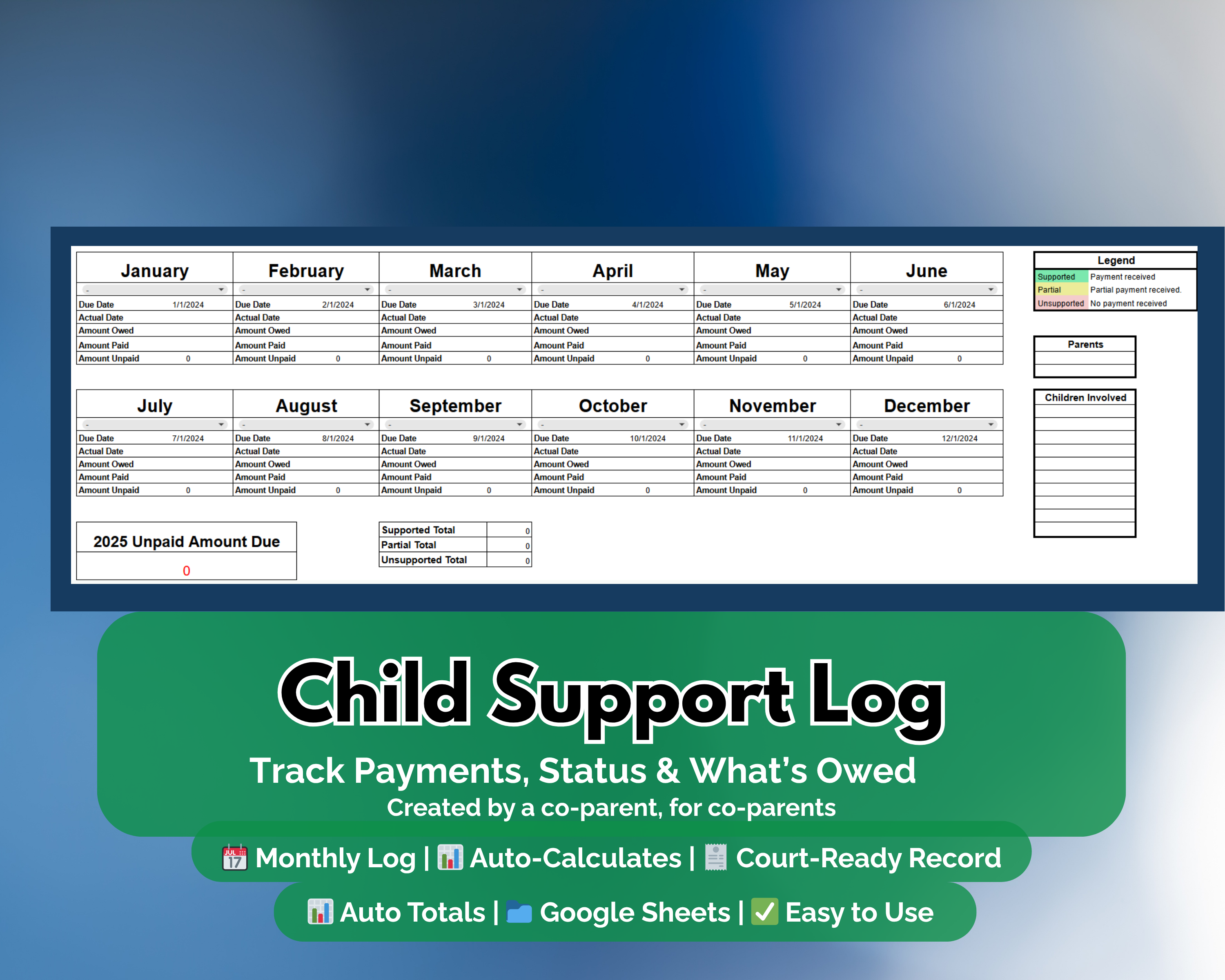 Child Support Payment Tracker - Editable Google Sheets Log - Vestarah