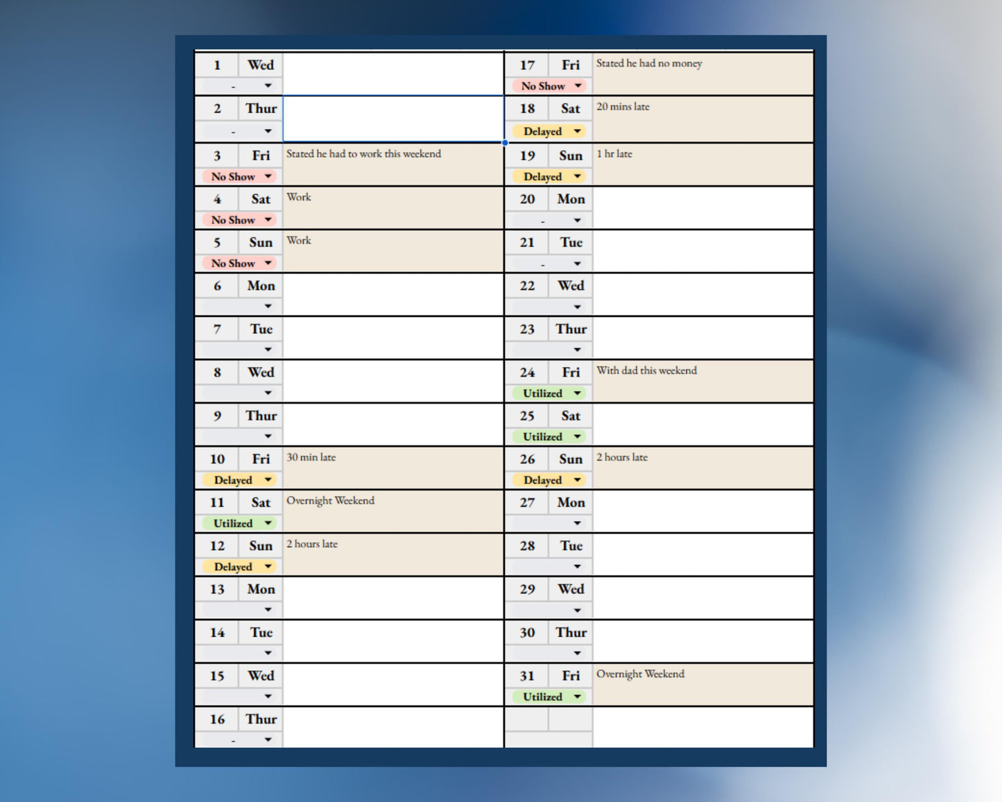 Visitation Tracker - Utilized, Delayed & No Show - Google Sheets