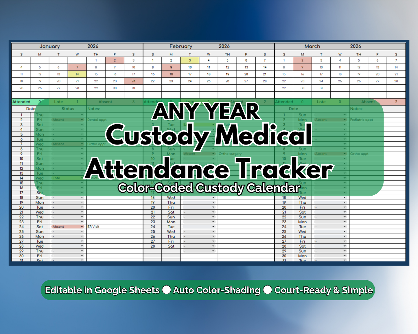 Custody Medical Attendance Tracker for Co-Parenting | Visitation [Perpetual Calendar | Any Year | Google Sheets] | MyColorCase