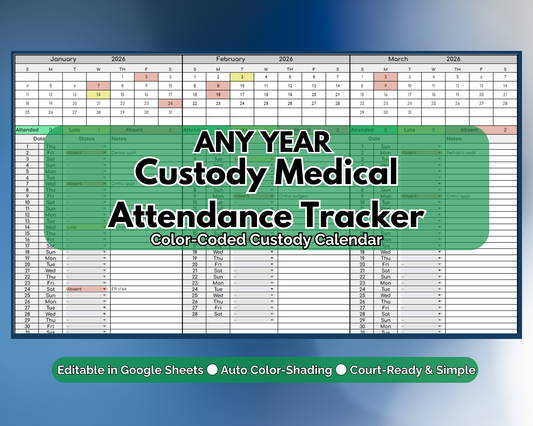 Custody Medical Attendance Tracker for Co-Parenting | Visitation [Perpetual Calendar | Any Year | Google Sheets] | MyColorCase