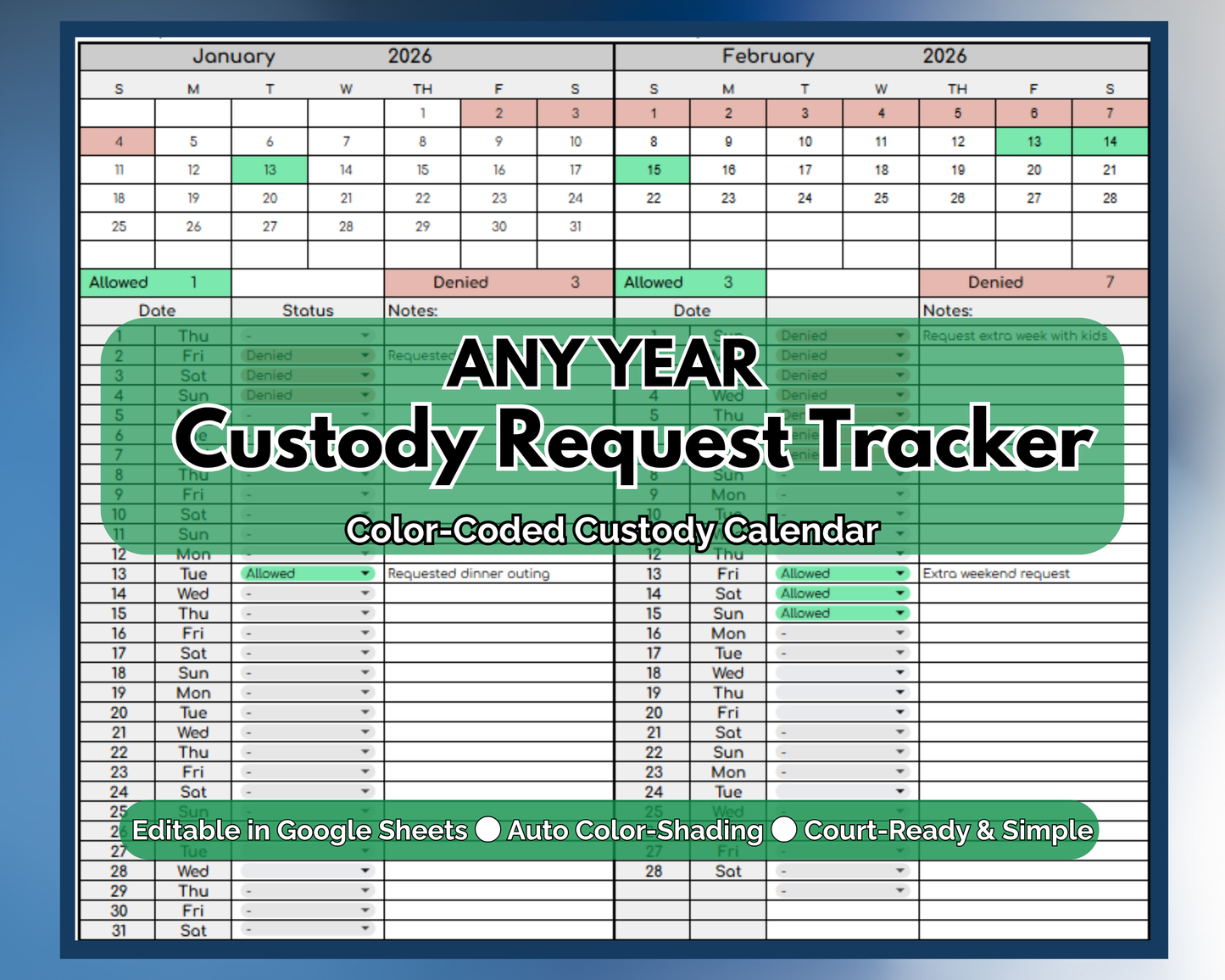 Custody Request Tracker for Co-Parenting | Visitation [Perpetual Calendar | Any Year | Google Sheets] | MyColorCase