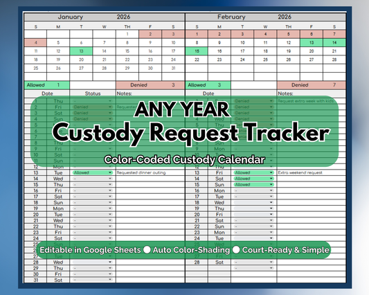 Custody Request Tracker for Co-Parenting | Visitation [Perpetual Calendar | Any Year | Google Sheets] | MyColorCase