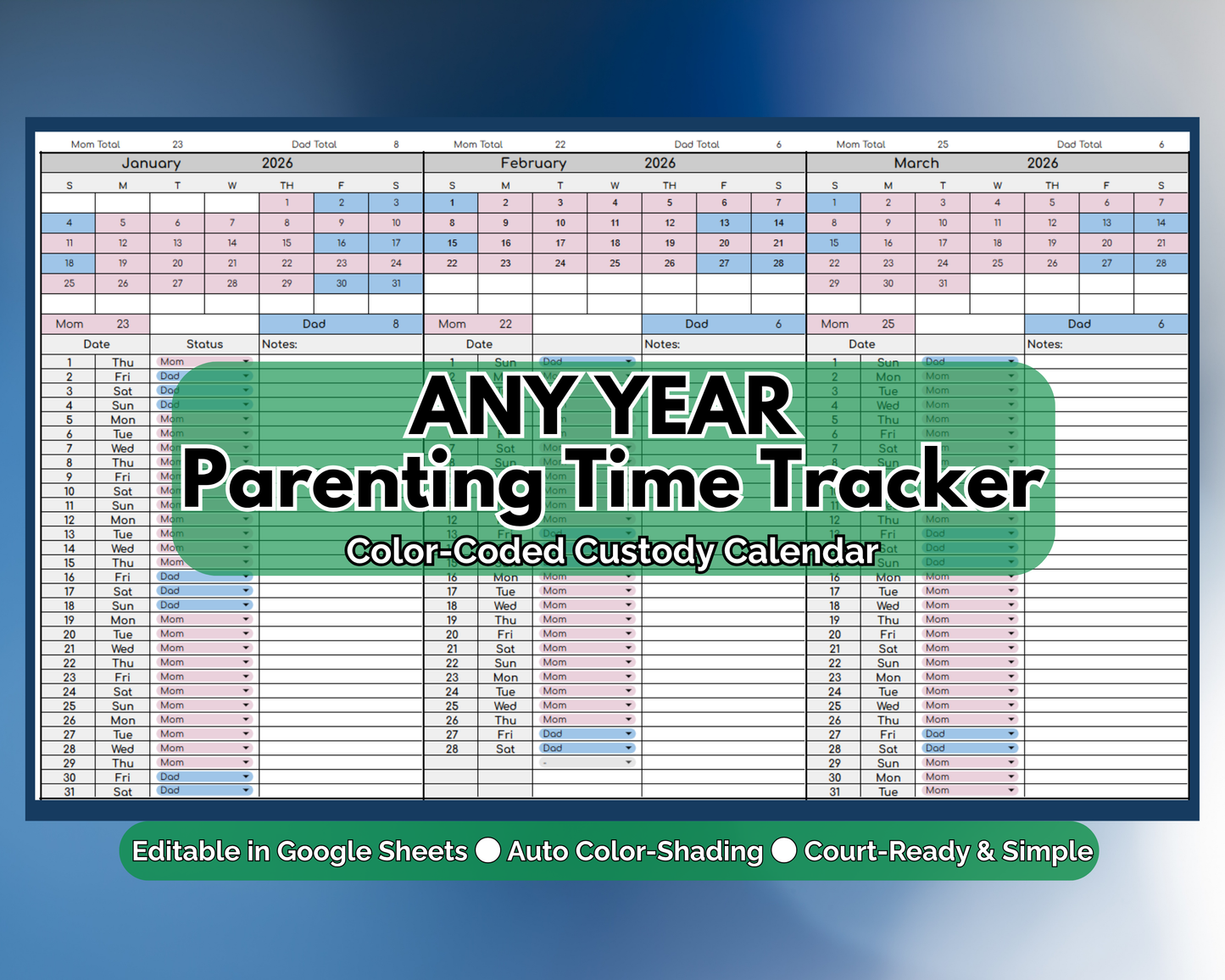 Custody Parenting Time Tracker for Visitation Co-Parenting [Perpetual Calendar | Any Year | Google Sheets] | MyColorCase