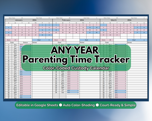 Custody Parenting Time Tracker for Visitation Co-Parenting [Perpetual Calendar | Any Year | Google Sheets] | MyColorCase