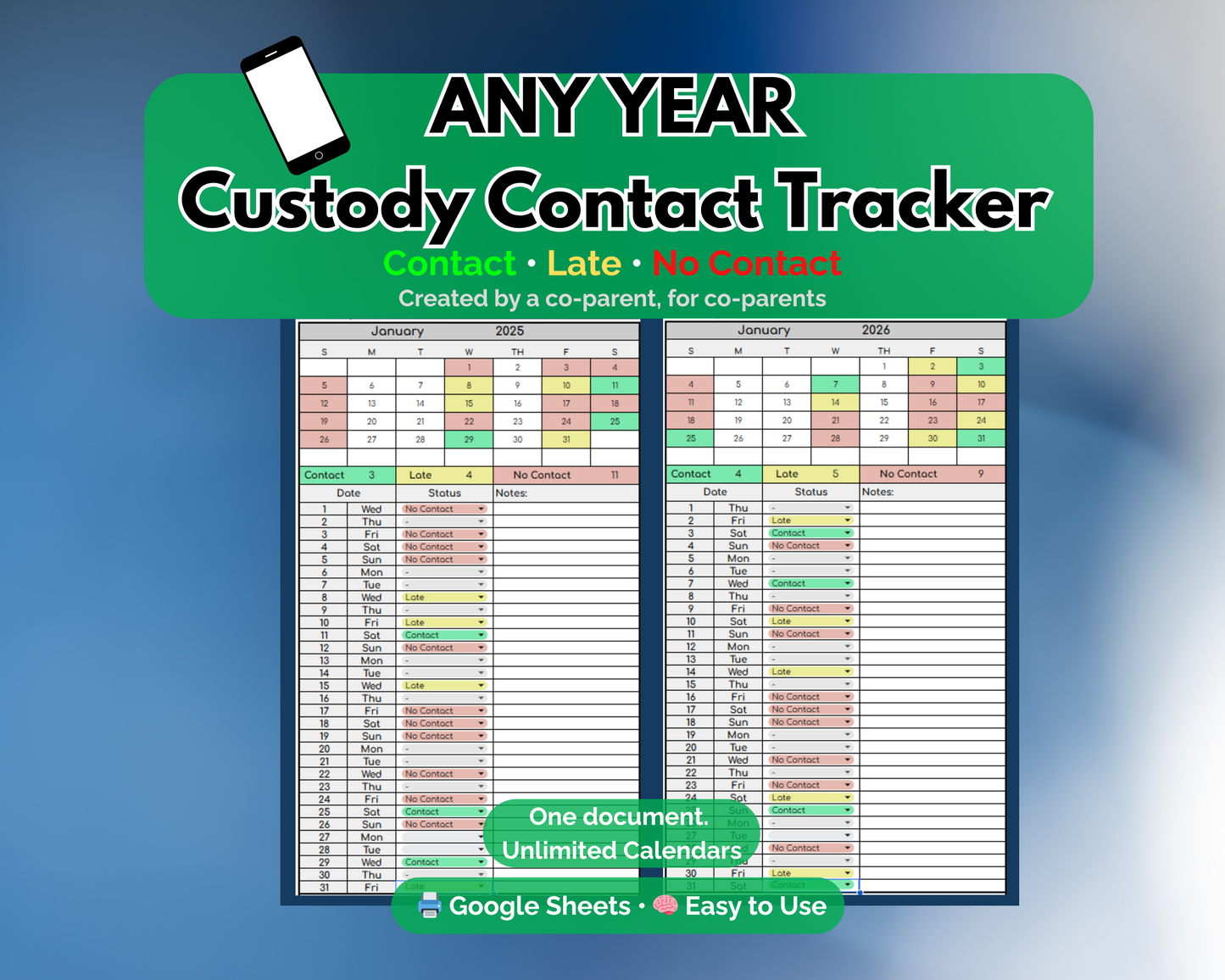 Custody Contact Tracker for Co-Parenting [Unlimited Use | Any Year] [Google Sheets]