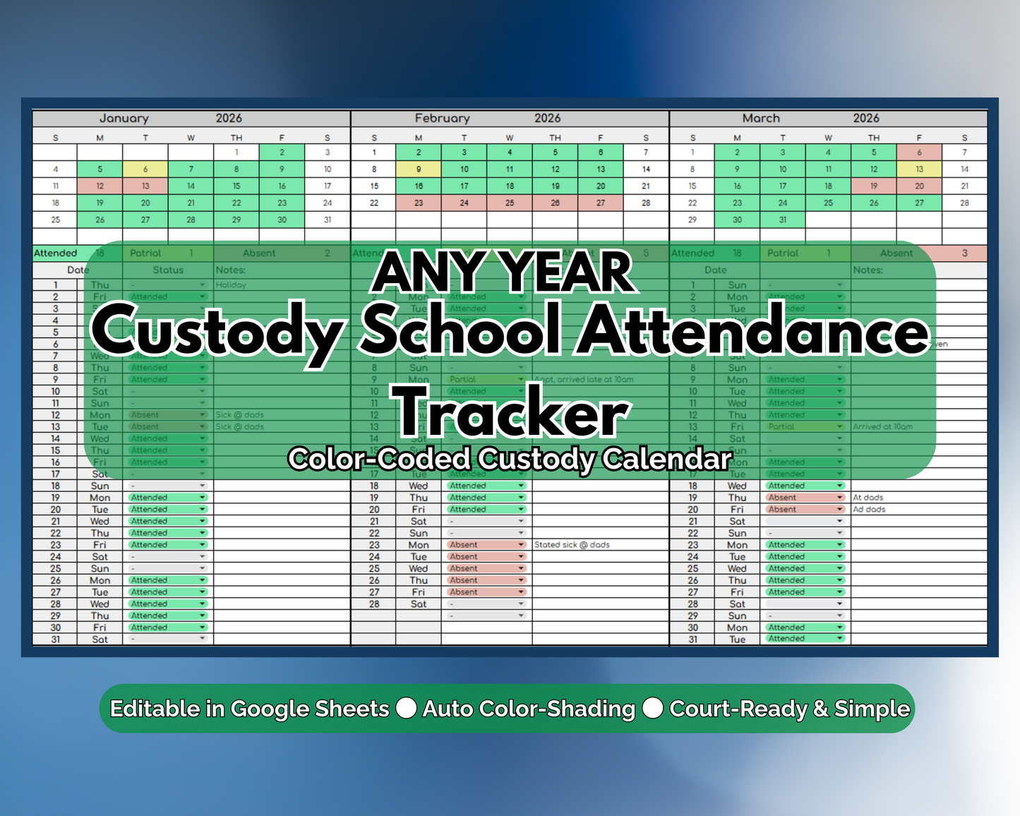 School Custody Attendance Tracker for Co-Parenting | Visitation [Perpetual Calendar | Any Year | Google Sheets] | MyColorCase