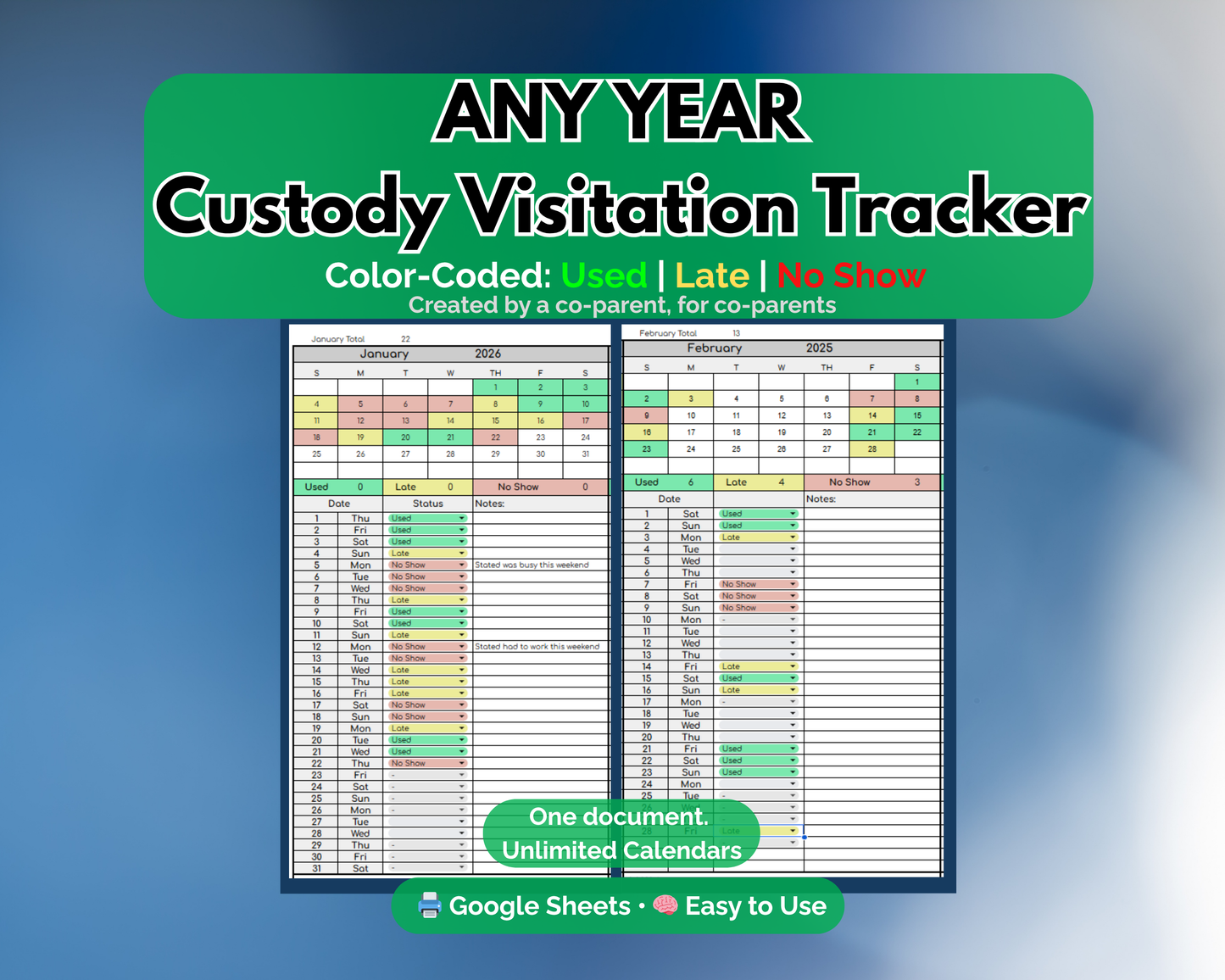Custody Visitation Tracker for Co-Parenting [Unlimited Use | Any Year]