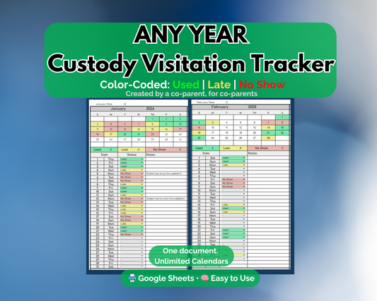 Custody Visitation Tracker for Co-Parenting [Unlimited Use | Any Year]