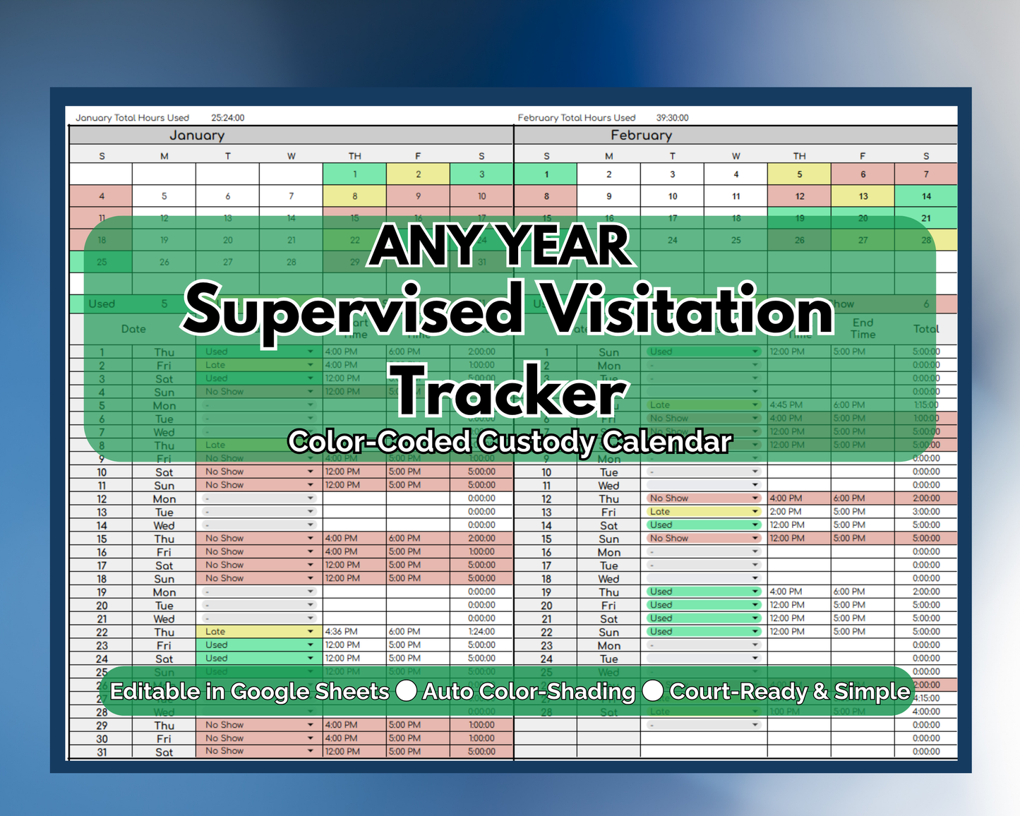 Custody Supervised Visitation Tracker for Co-Parenting | Visitation [Perpetual Calendar | Any Year | Google Sheets] | MyColorCase