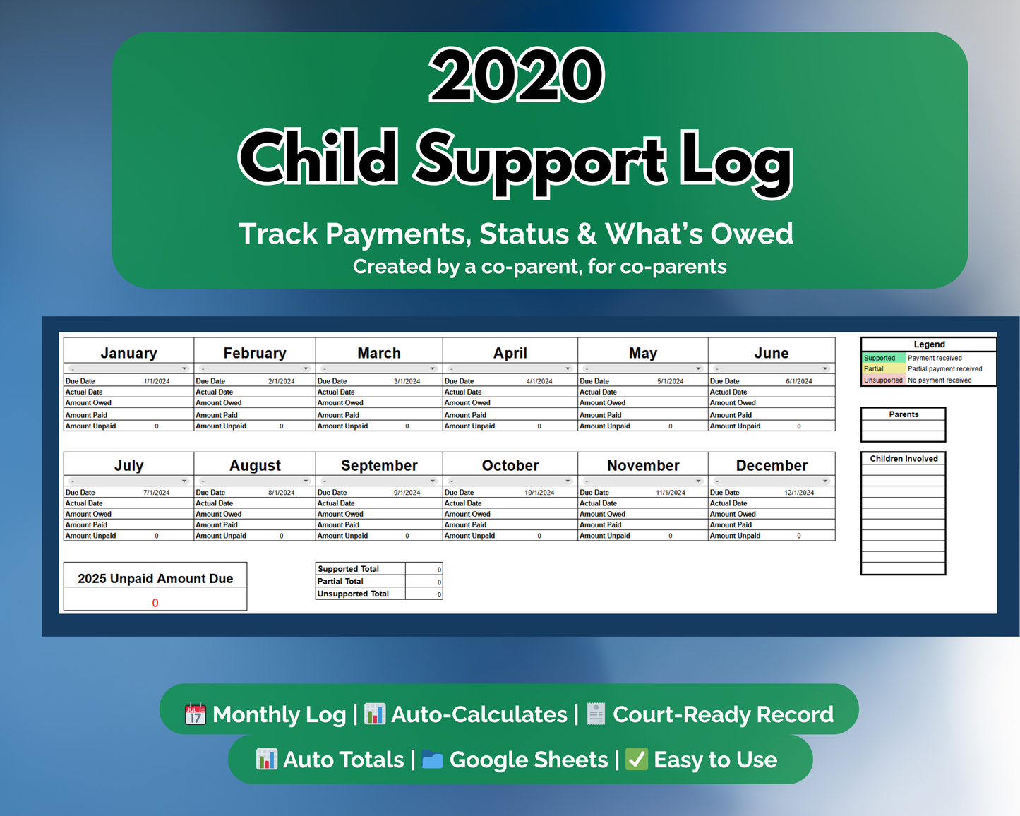 Child Support Payment Tracker - Editable Google Sheets Log