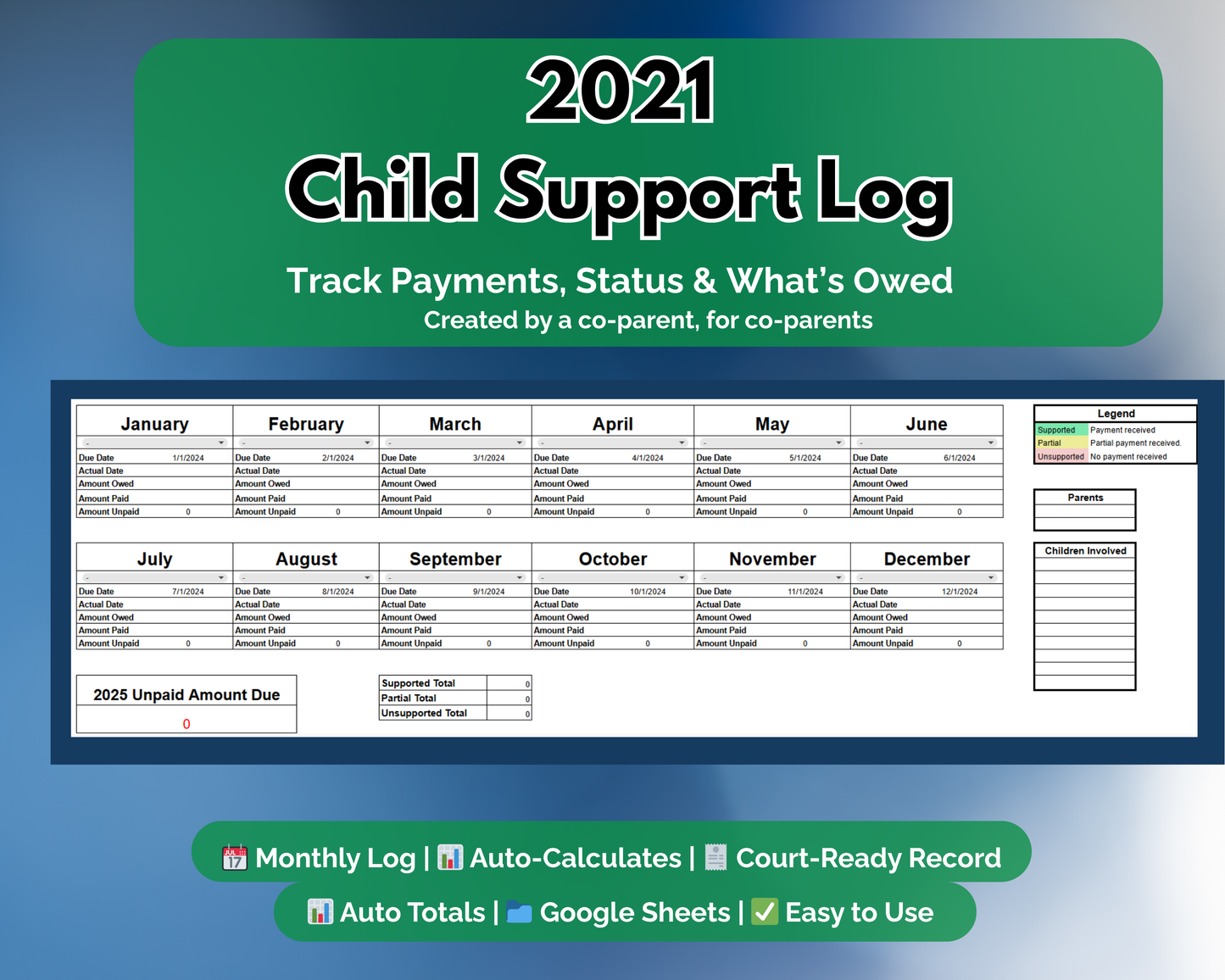 Child Support Payment Tracker - Editable Google Sheets Log