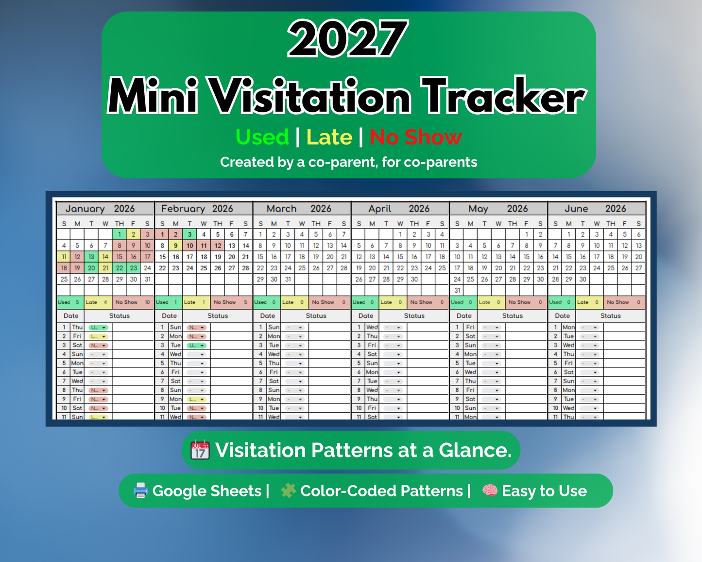 Mini Visitation Tracker for Co-Parenting | Visitation [Google Sheets] | MyColorCase
