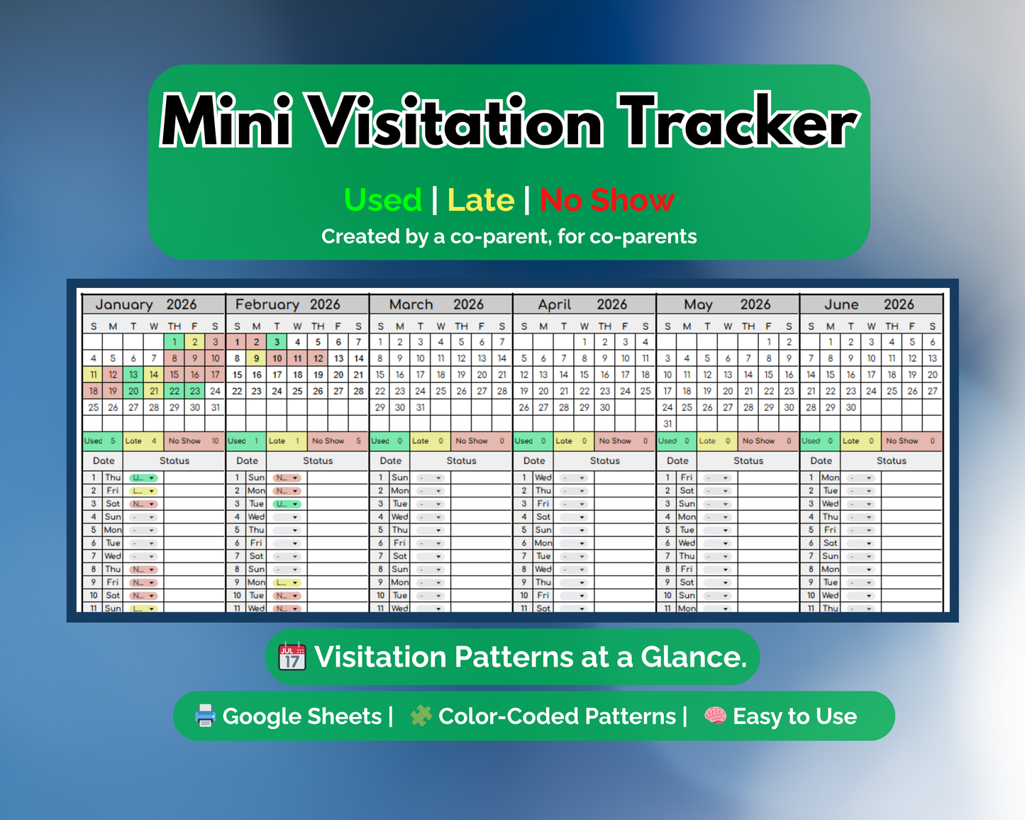 Mini Visitation Tracker for Co-Parenting | Visitation [Google Sheets] | MyColorCase