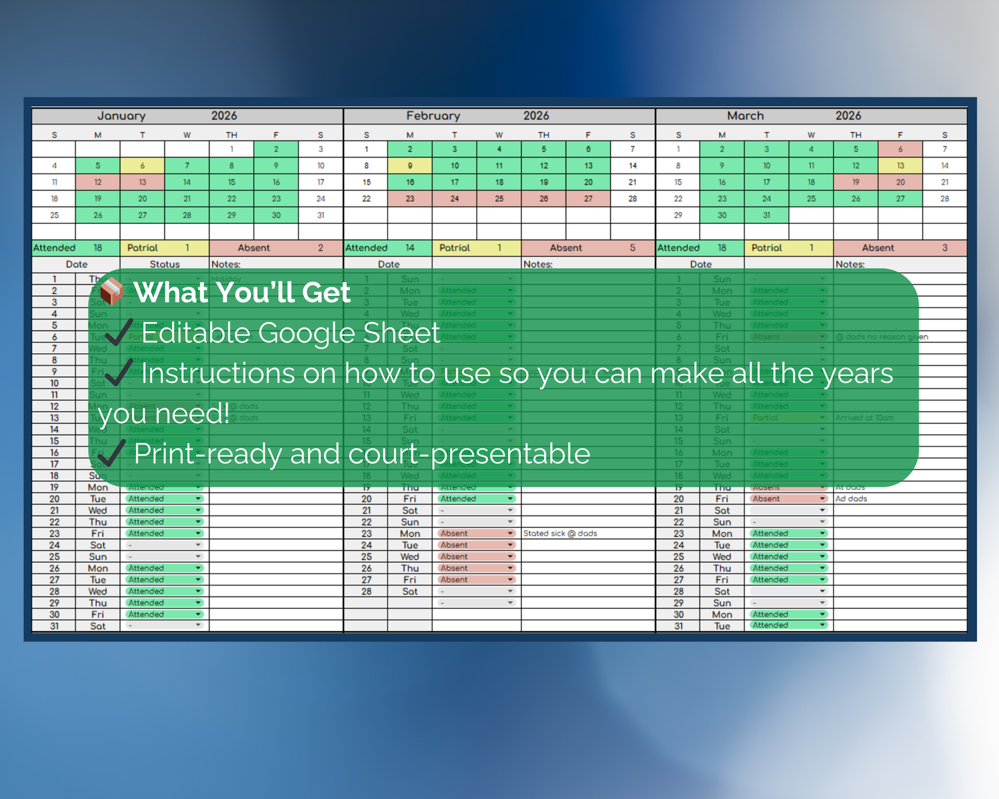 School Custody Attendance Tracker for Co-Parenting | Visitation [Perpetual Calendar | Any Year | Google Sheets] | MyColorCase