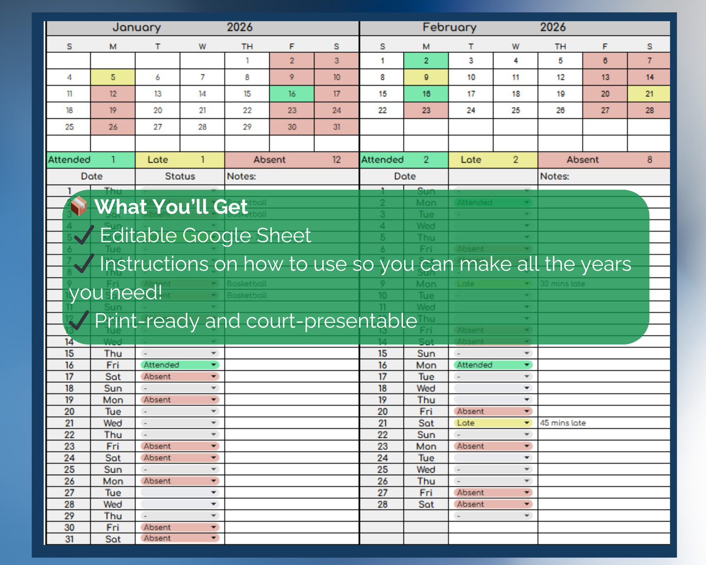 Custody Extracurricular Attendance Tracker for Co-Parenting | Visitation [Perpetual Calendar | Any Year | Google Sheets] | MyColorCase