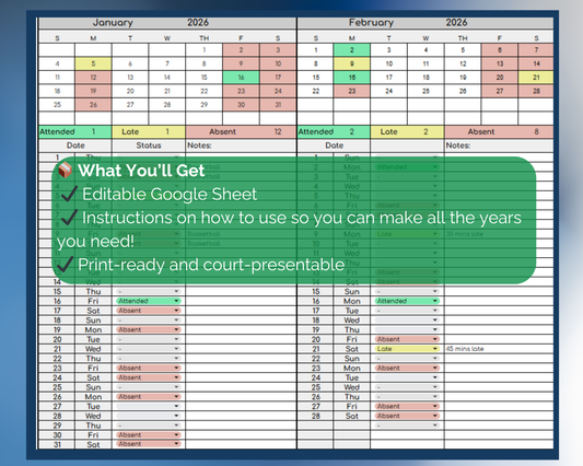 Custody Extracurricular Attendance Tracker for Co-Parenting | Visitation [Perpetual Calendar | Any Year | Google Sheets] | MyColorCase