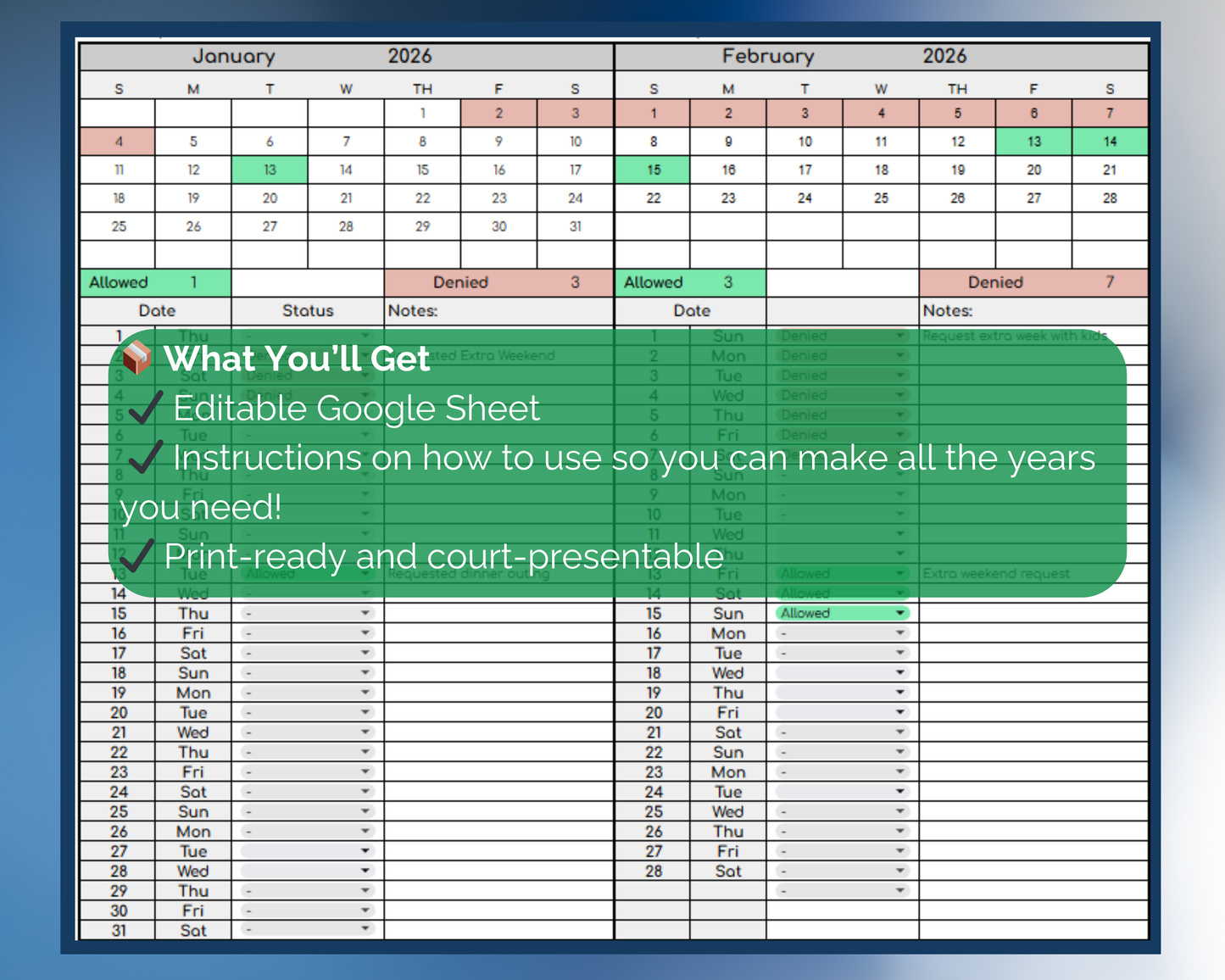 Custody Request Tracker for Co-Parenting | Visitation [Perpetual Calendar | Any Year | Google Sheets] | MyColorCase