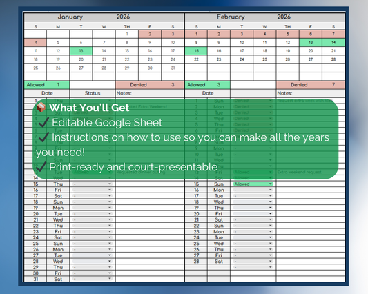 Custody Request Tracker for Co-Parenting | Visitation [Perpetual Calendar | Any Year | Google Sheets] | MyColorCase