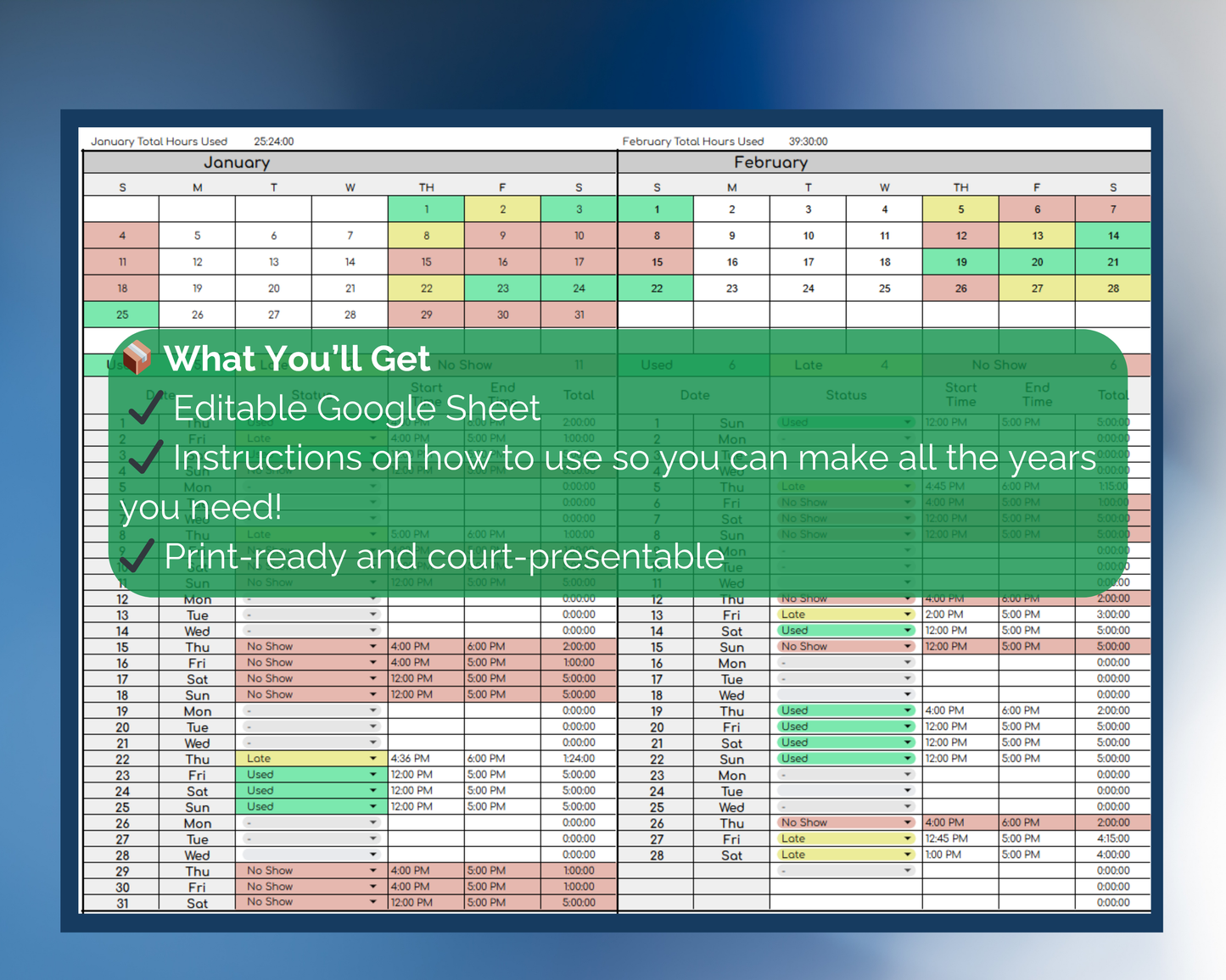Custody Supervised Visitation Tracker for Co-Parenting | Visitation [Perpetual Calendar | Any Year | Google Sheets] | MyColorCase
