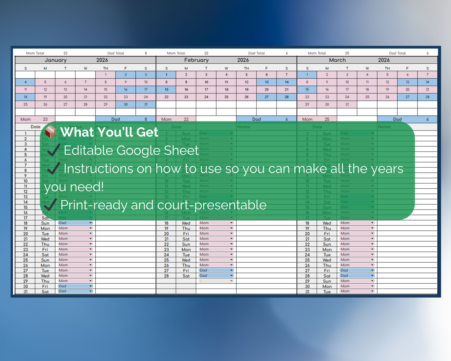 Custody Parenting Time Tracker for Visitation Co-Parenting [Perpetual Calendar | Any Year | Google Sheets] | MyColorCase