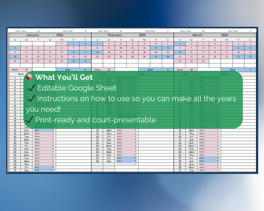 Custody Parenting Time Tracker for Visitation Co-Parenting [Perpetual Calendar | Any Year | Google Sheets] | MyColorCase