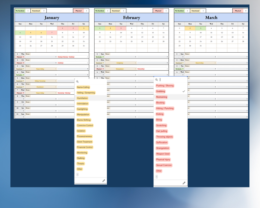 Domestic Abuse Pattern Tracker | Emotional & Physical Abuse Tracking Calendar | Google Sheets