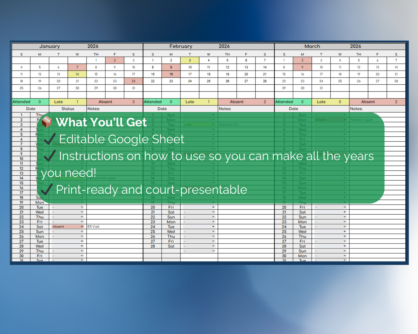 Custody Medical Attendance Tracker for Co-Parenting | Visitation [Perpetual Calendar | Any Year | Google Sheets] | MyColorCase