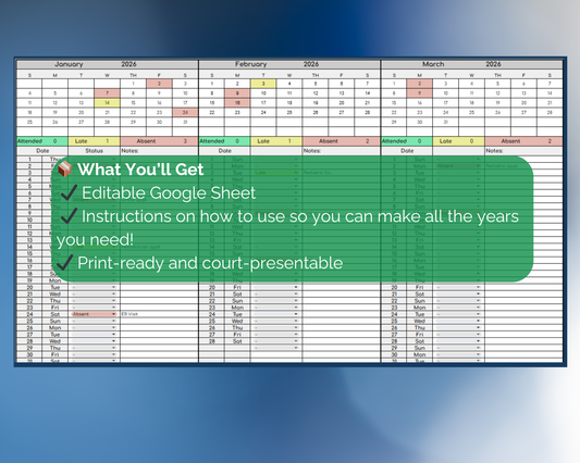 Custody Medical Attendance Tracker for Co-Parenting | Visitation [Perpetual Calendar | Any Year | Google Sheets] | MyColorCase