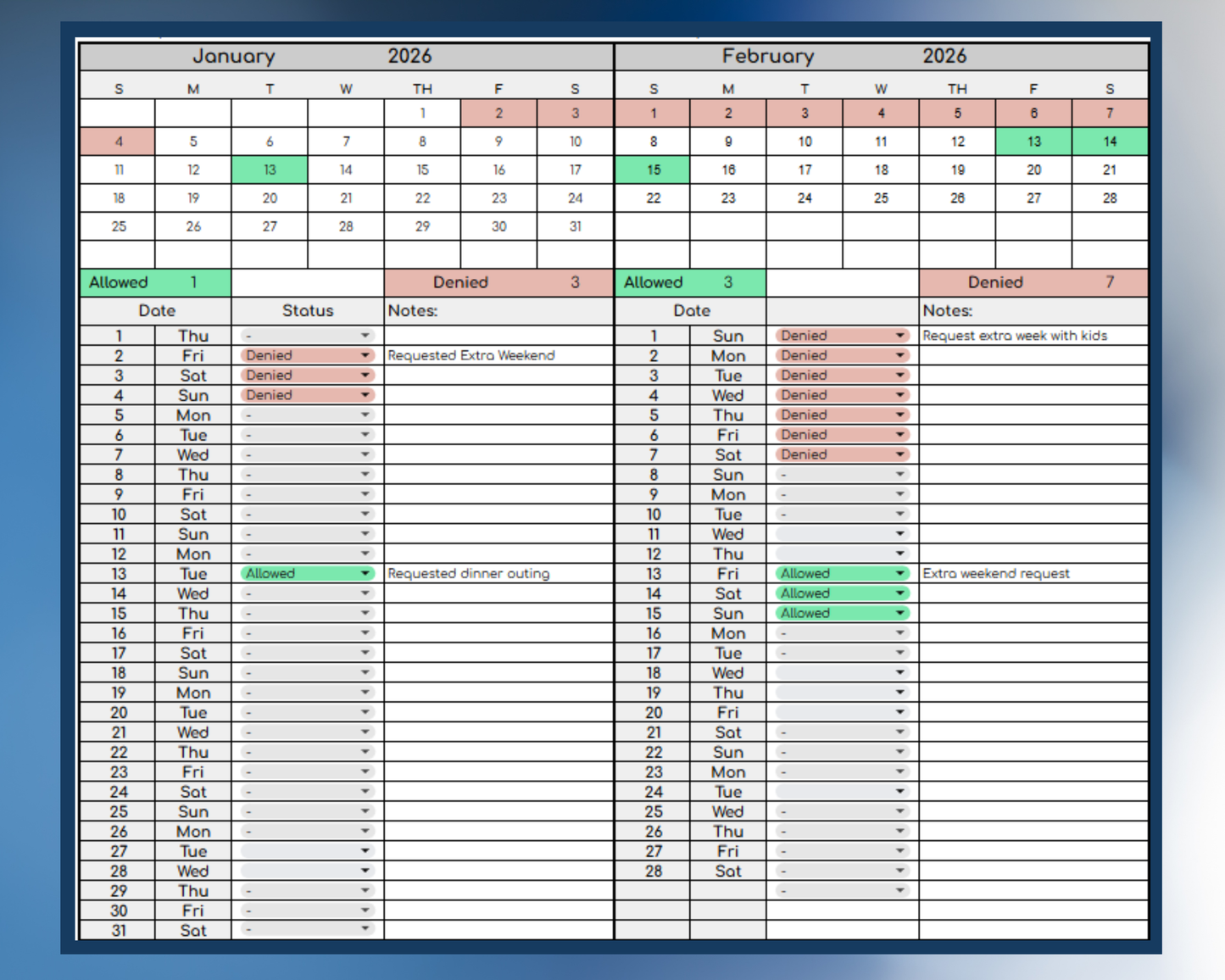 Custody Request Tracker for Co-Parenting | Visitation [Perpetual Calendar | Any Year | Google Sheets] | MyColorCase