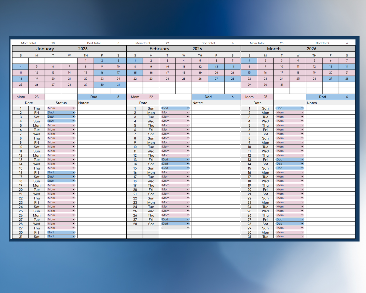 Custody Parenting Time Tracker for Visitation Co-Parenting [Perpetual Calendar | Any Year | Google Sheets] | MyColorCase