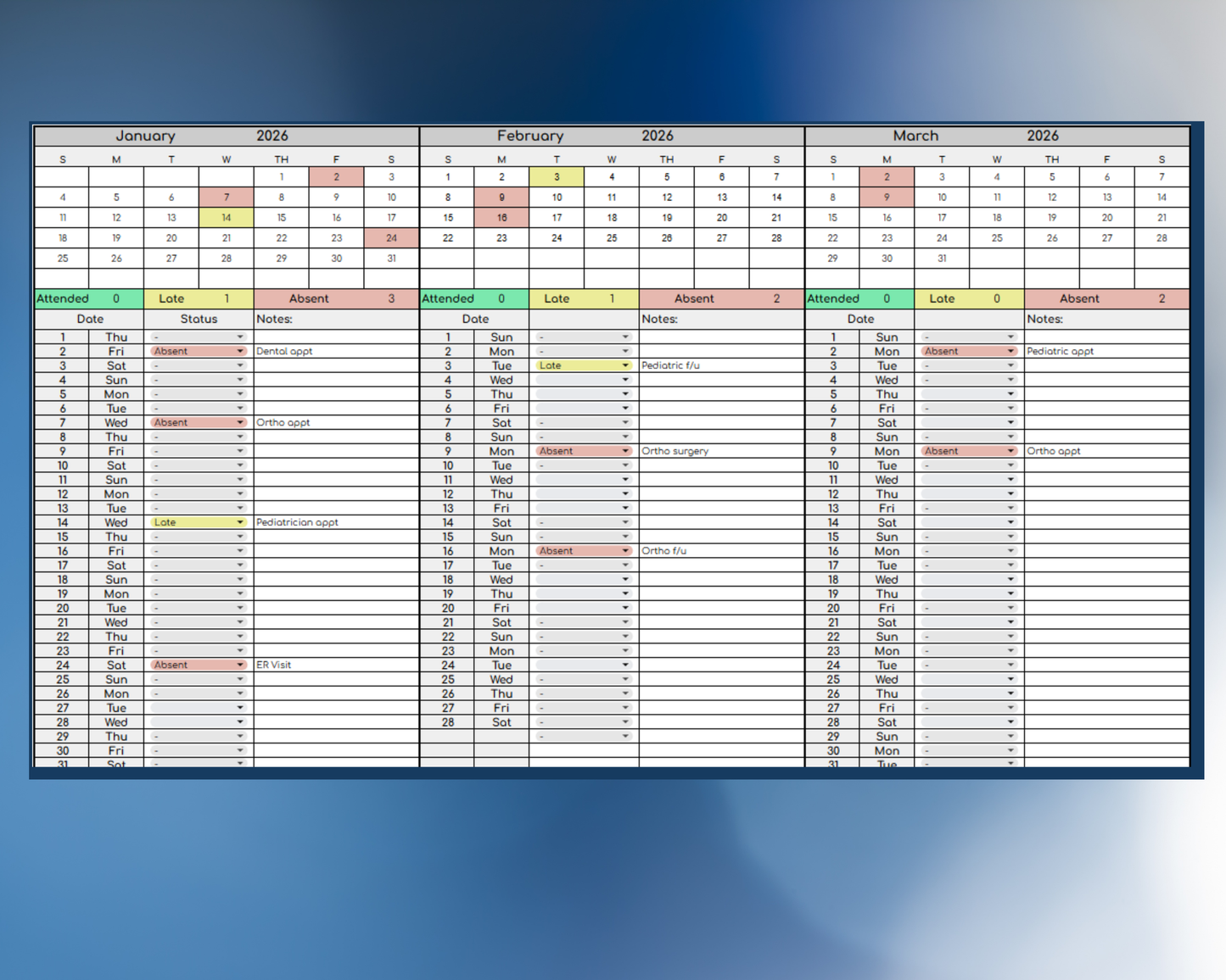 Custody Medical Attendance Tracker for Co-Parenting | Visitation [Perpetual Calendar | Any Year | Google Sheets] | MyColorCase