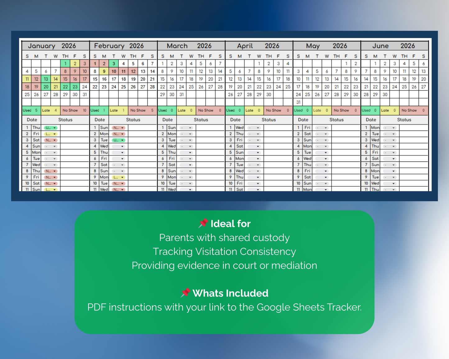 Mini Visitation Tracker for Co-Parenting | Visitation [Google Sheets] | MyColorCase
