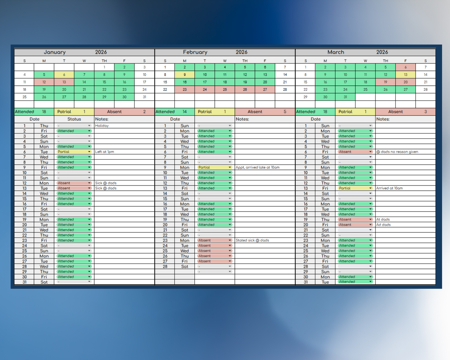 School Custody Attendance Tracker for Co-Parenting | Visitation [Perpetual Calendar | Any Year | Google Sheets] | MyColorCase