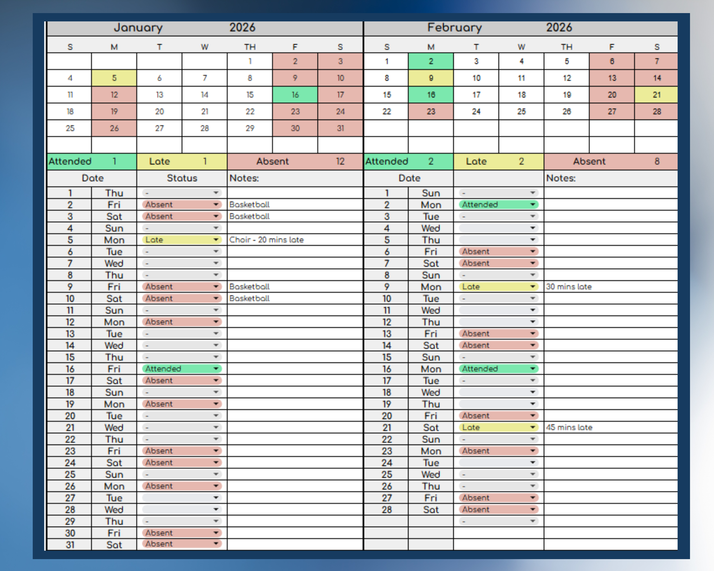 Custody Extracurricular Attendance Tracker for Co-Parenting | Visitation [Perpetual Calendar | Any Year | Google Sheets] | MyColorCase