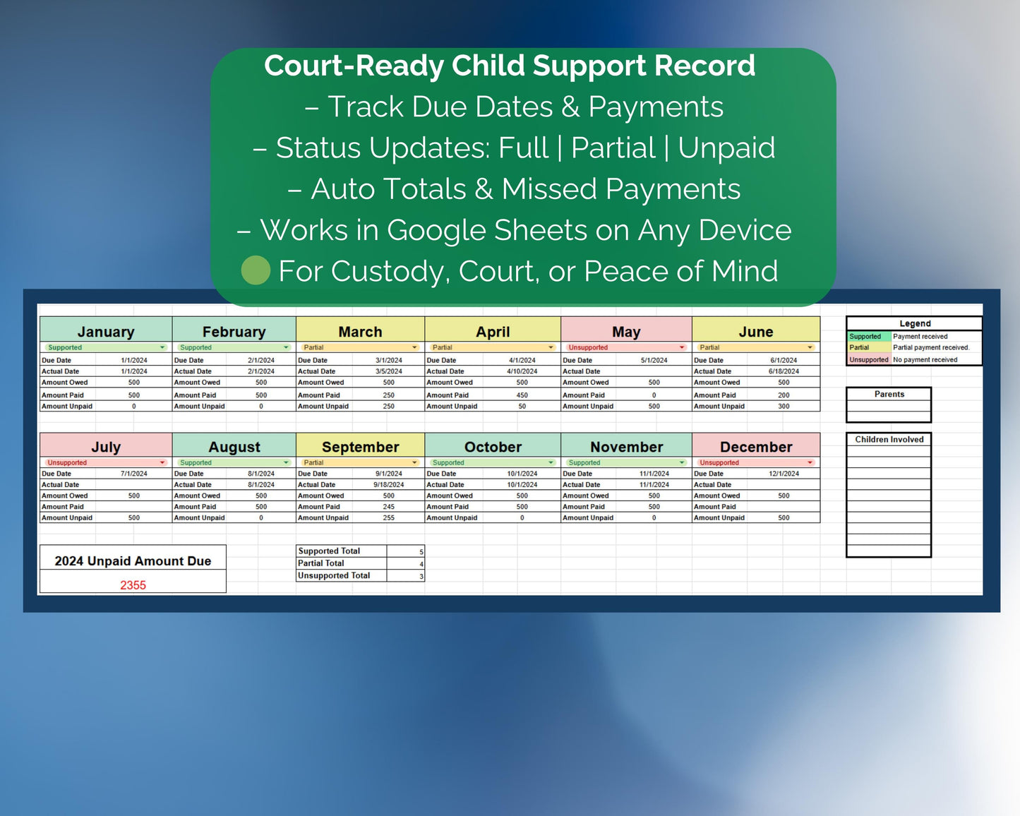 Court-Ready Co-Parenting Bundle | 2020-2026 Mega Tracker | Custody, Visitation, Contact, Support, Behavior & More (Google Sheets)