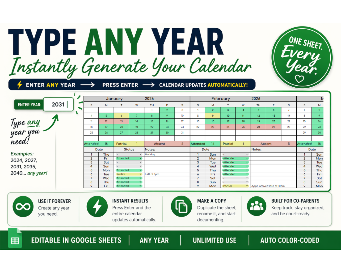 School Custody Attendance Tracker for Co-Parenting | Visitation [Perpetual Calendar | Any Year | Google Sheets] | MyColorCase