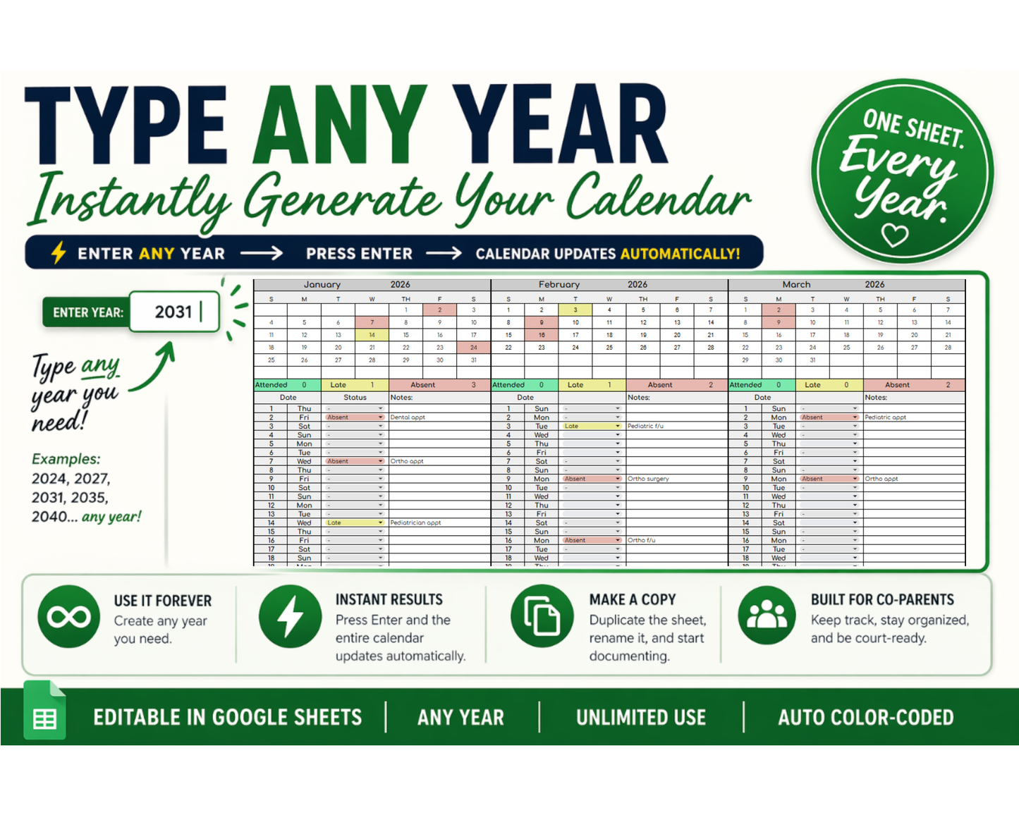 Custody Medical Attendance Tracker for Co-Parenting | Visitation [Perpetual Calendar | Any Year | Google Sheets] | MyColorCase