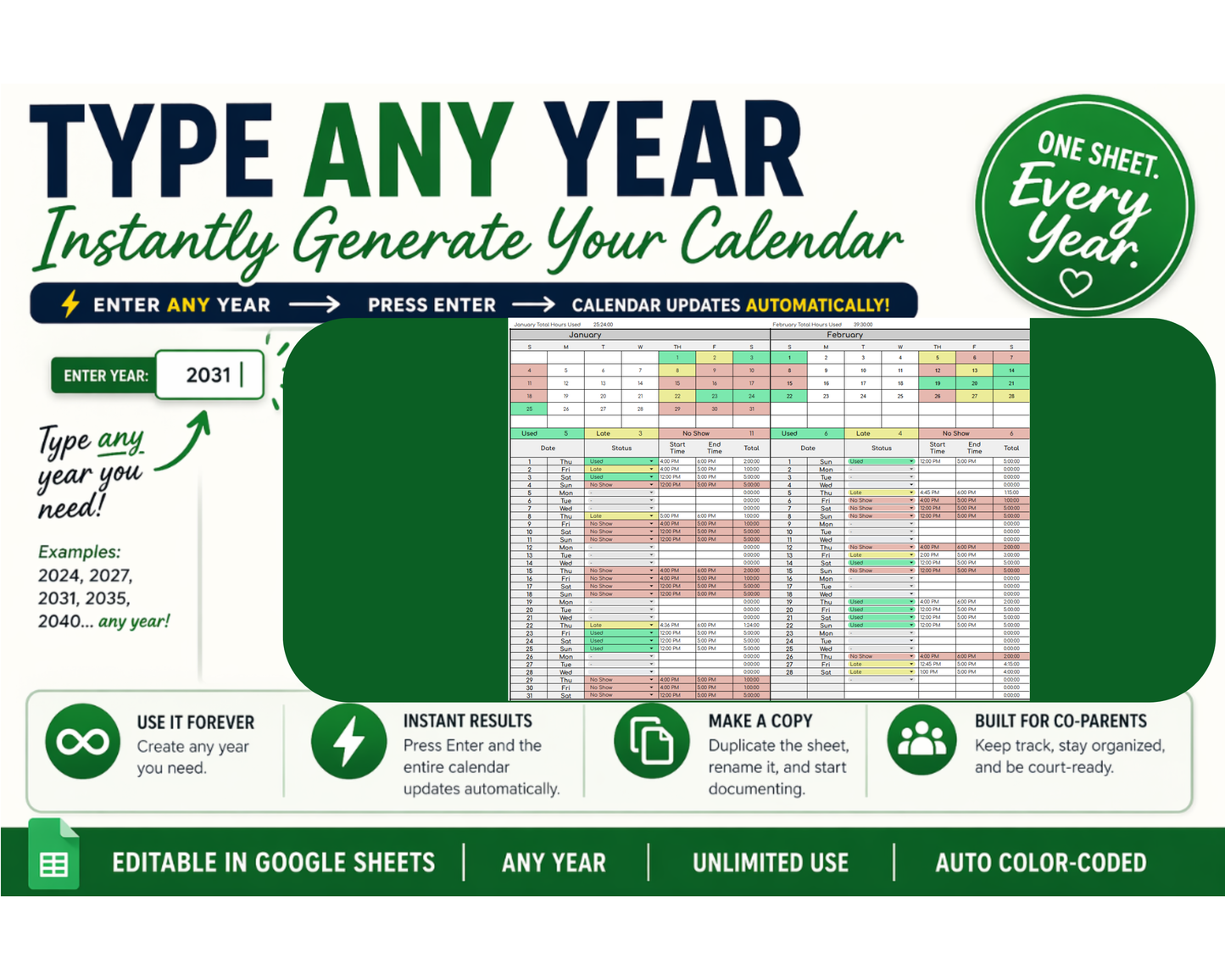 Custody Supervised Visitation Tracker for Co-Parenting | Visitation [Perpetual Calendar | Any Year | Google Sheets] | MyColorCase