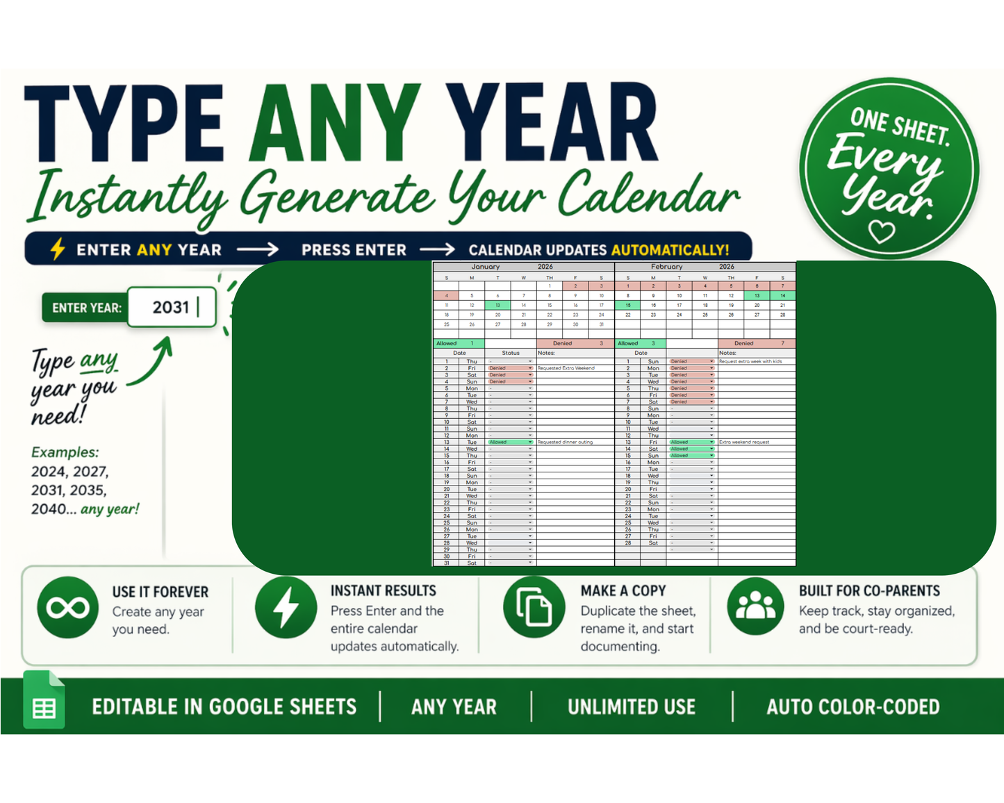 Custody Request Tracker for Co-Parenting | Visitation [Perpetual Calendar | Any Year | Google Sheets] | MyColorCase