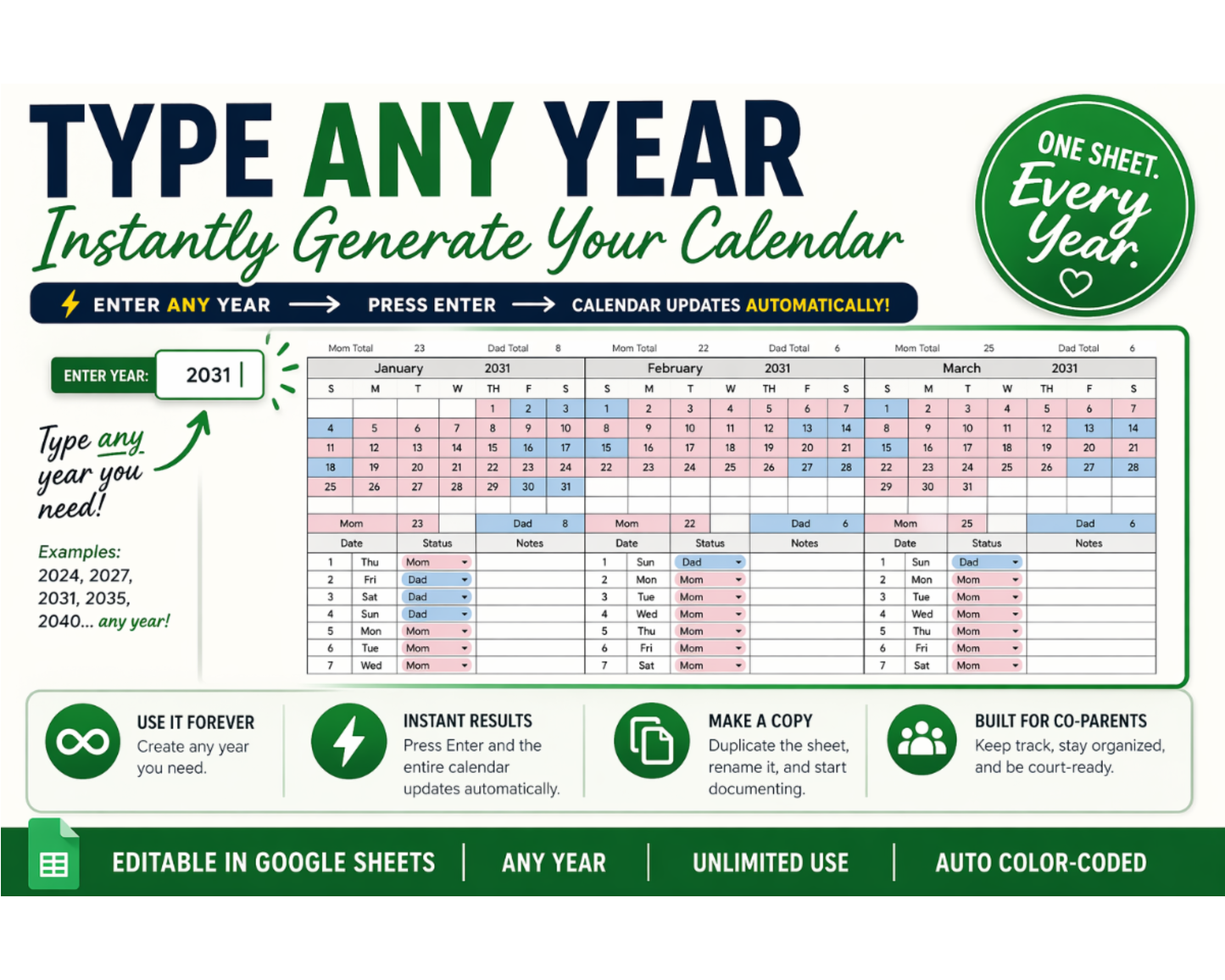 Custody Parenting Time Tracker for Visitation Co-Parenting [Perpetual Calendar | Any Year | Google Sheets] | MyColorCase