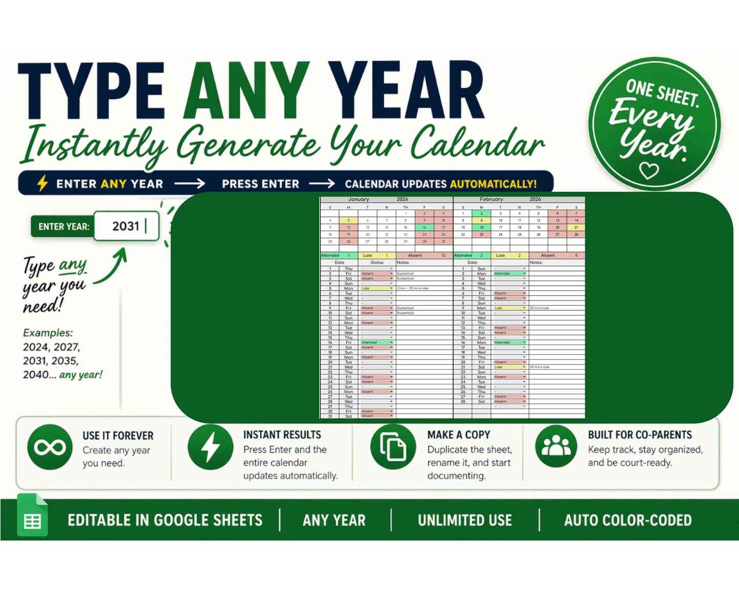 Custody Extracurricular Attendance Tracker for Co-Parenting | Visitation [Perpetual Calendar | Any Year | Google Sheets] | MyColorCase