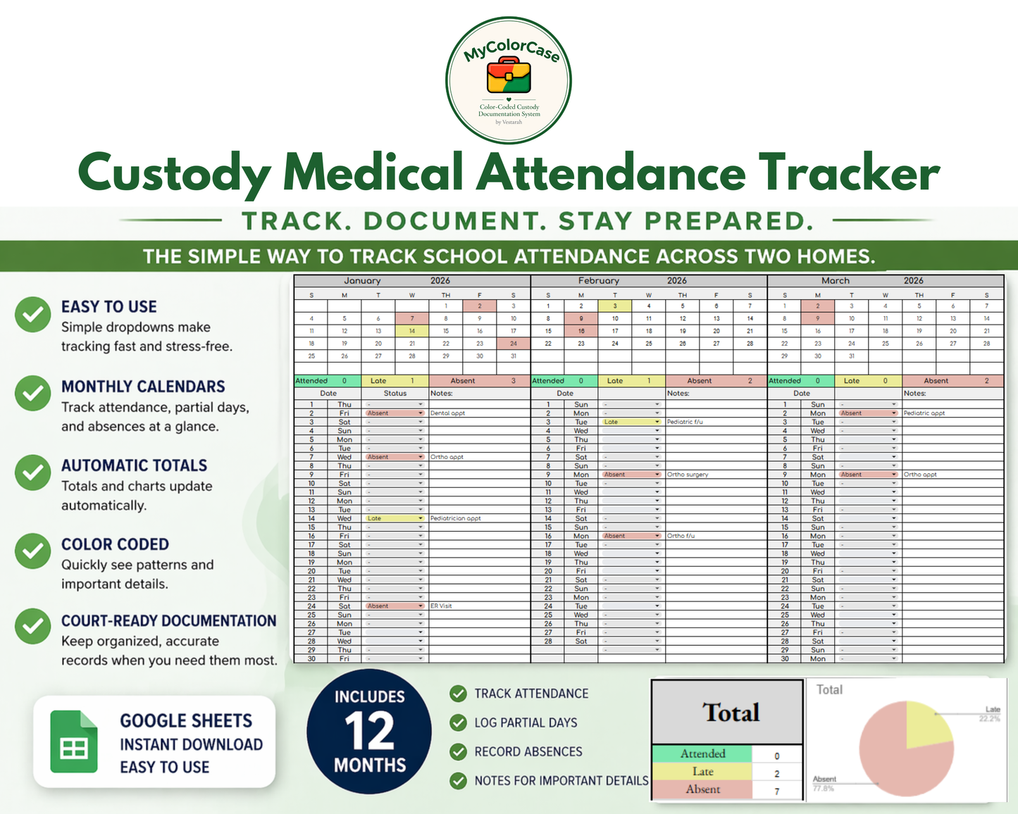 Custody Medical Attendance Tracker for Co-Parenting | Visitation [Perpetual Calendar | Any Year | Google Sheets] | MyColorCase
