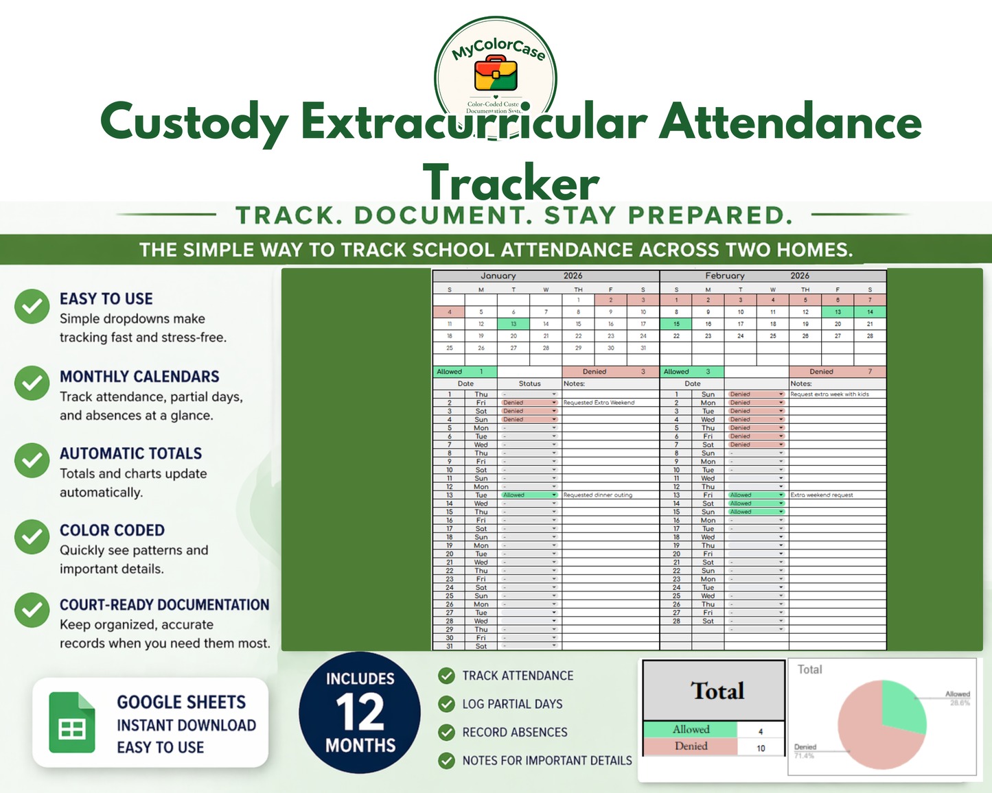 Custody Request Tracker for Co-Parenting | Visitation [Perpetual Calendar | Any Year | Google Sheets] | MyColorCase