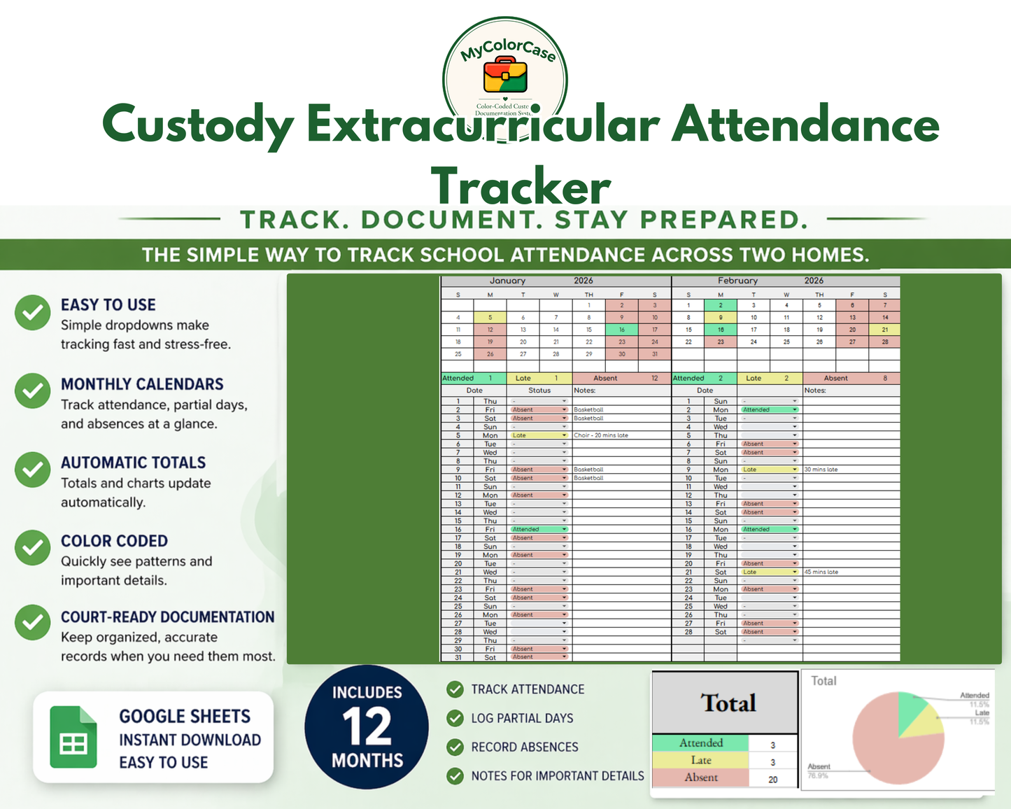 Custody Extracurricular Attendance Tracker for Co-Parenting | Visitation [Perpetual Calendar | Any Year | Google Sheets] | MyColorCase