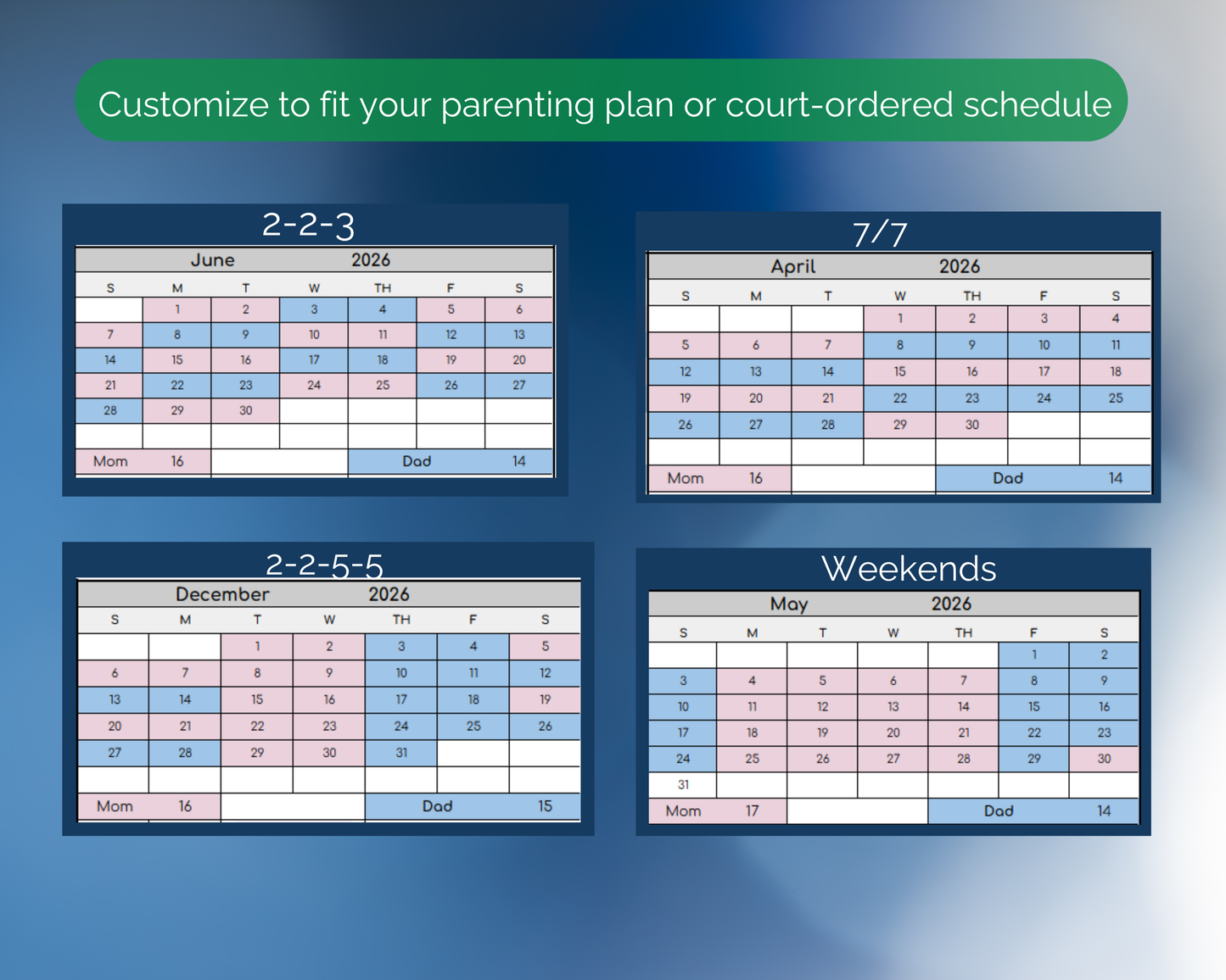 Custody Parenting Time Tracker for Visitation Co-Parenting [Perpetual Calendar | Any Year | Google Sheets] | MyColorCase