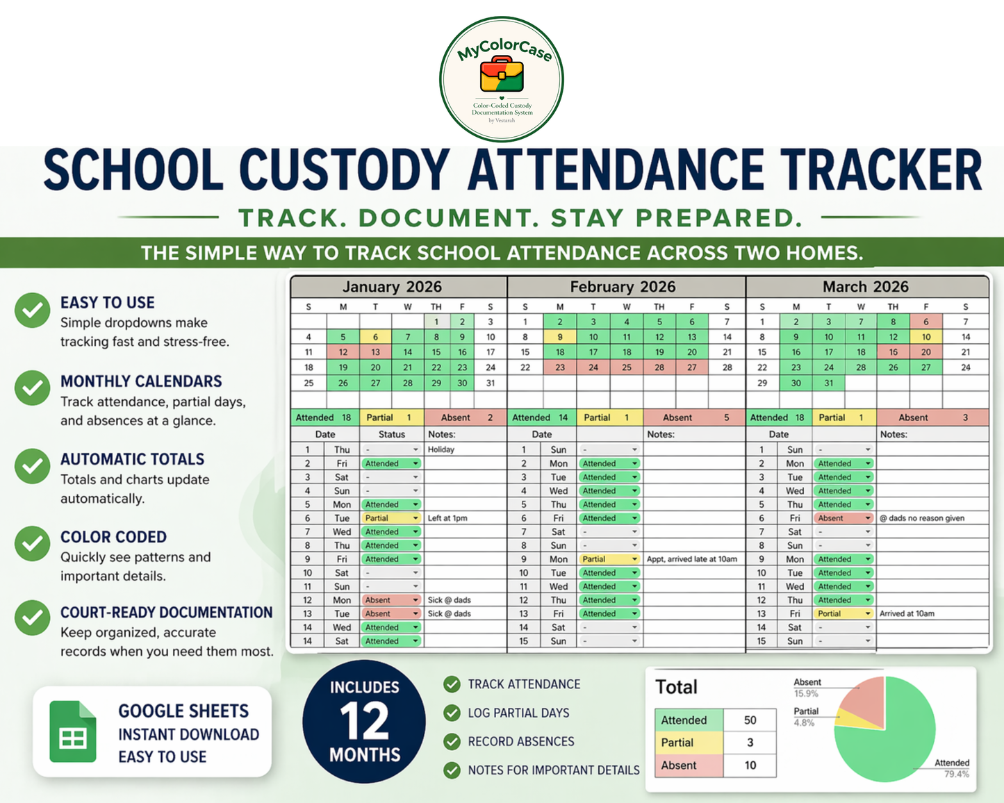 School Custody Attendance Tracker for Co-Parenting | Visitation [Perpetual Calendar | Any Year | Google Sheets] | MyColorCase