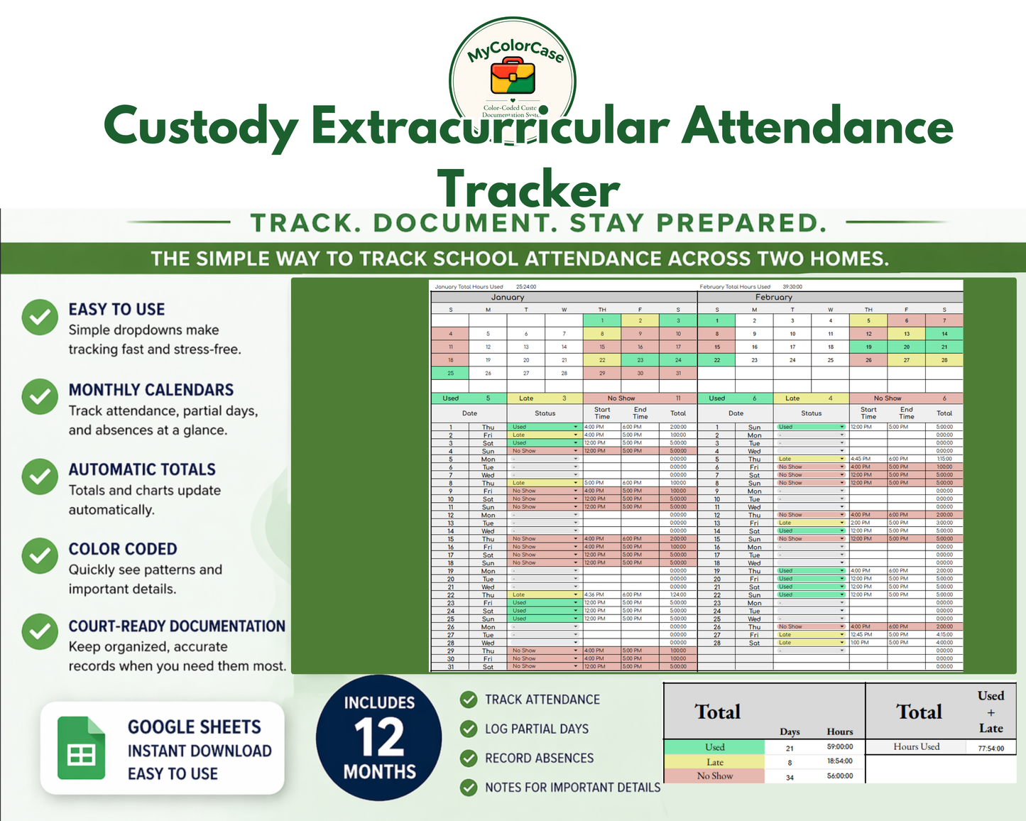 Custody Supervised Visitation Tracker for Co-Parenting | Visitation [Perpetual Calendar | Any Year | Google Sheets] | MyColorCase
