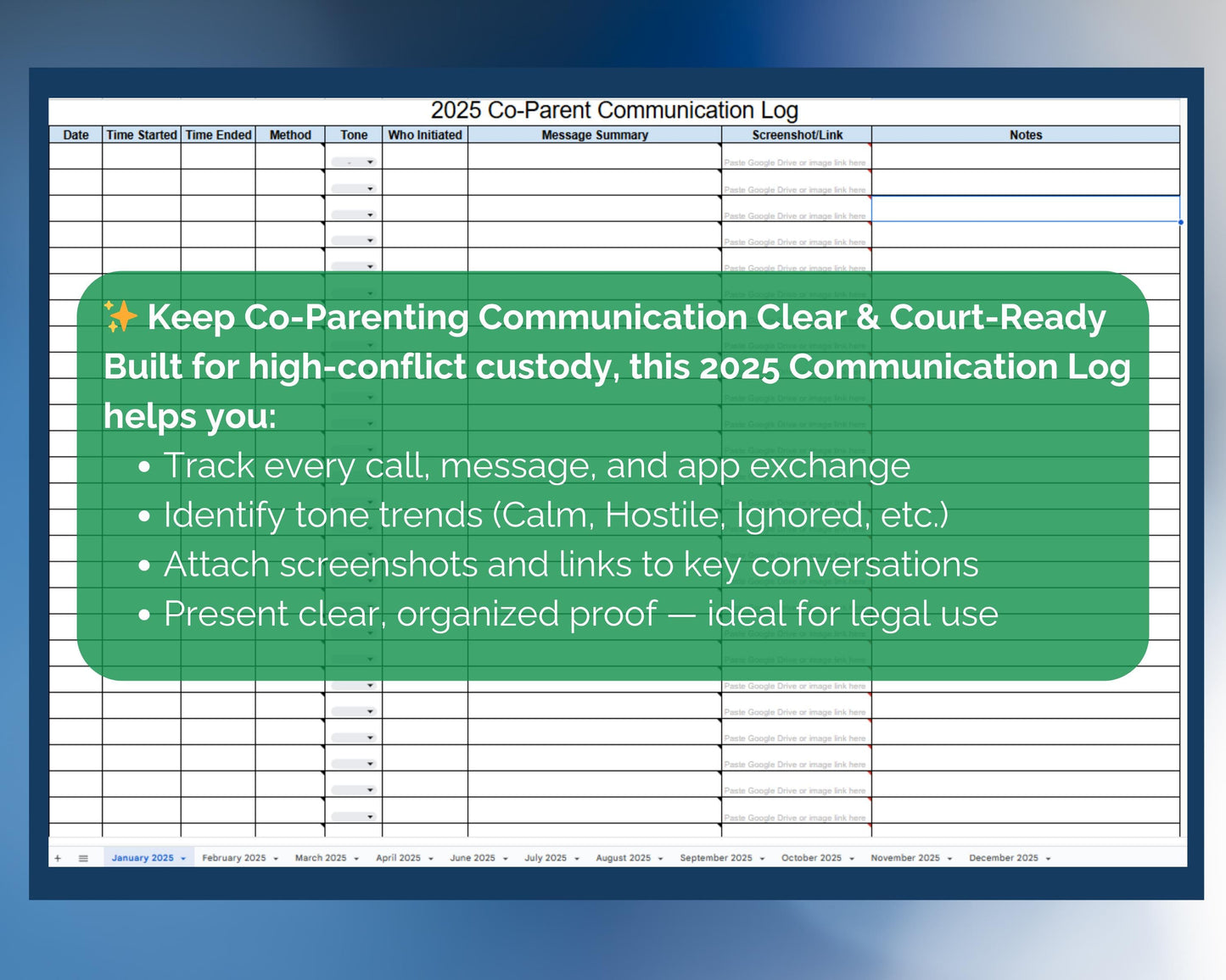 Court-Ready Co-Parenting Bundle | 2020-2026 Mega Tracker | Custody, Visitation, Contact, Support, Behavior & More (Google Sheets)
