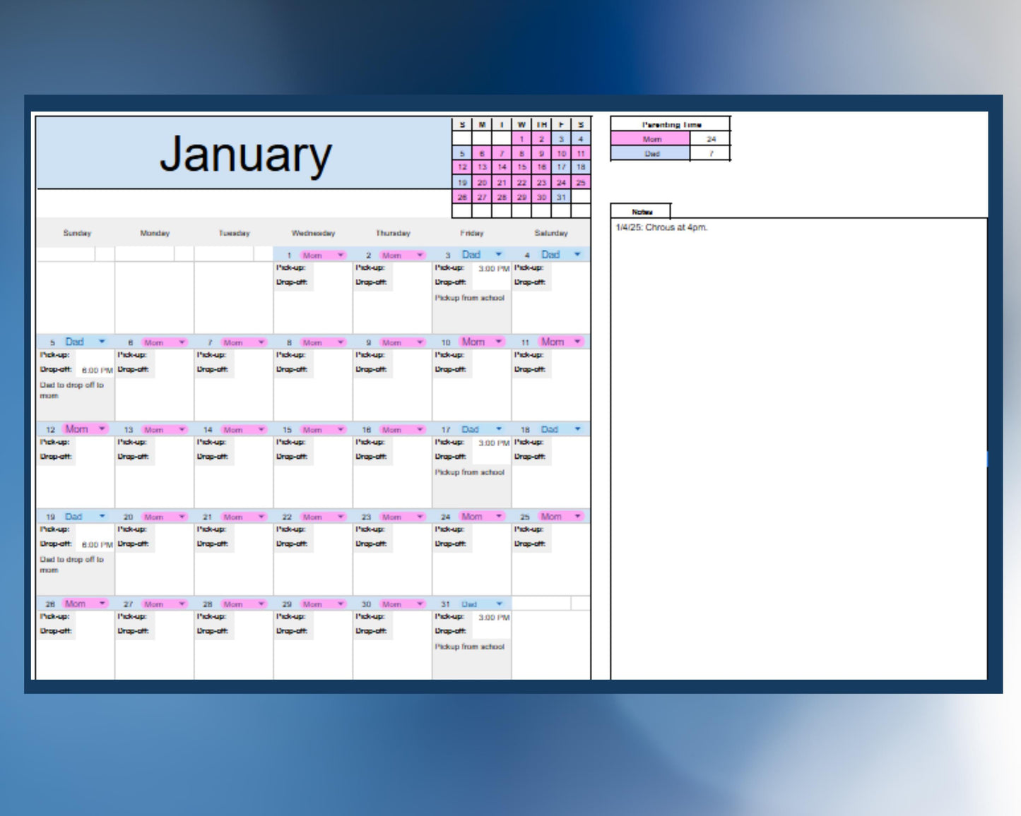 Parenting Time Calendar - Google Sheets