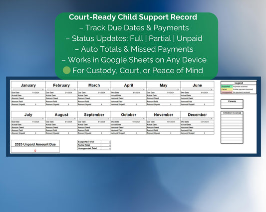 Child Support Payment Tracker - Editable Google Sheets Log